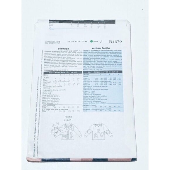 Butterick Sewing Pattern B4679 Toddlers Jacket Scarf Size 1-3 Uncut - Picture 2 of 2